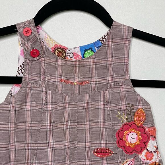Gagou Tagou‎ Plaid Dress Jumper Sleeveless Embroidered Floral Brown 24M Cottage - Picture 6 of 10